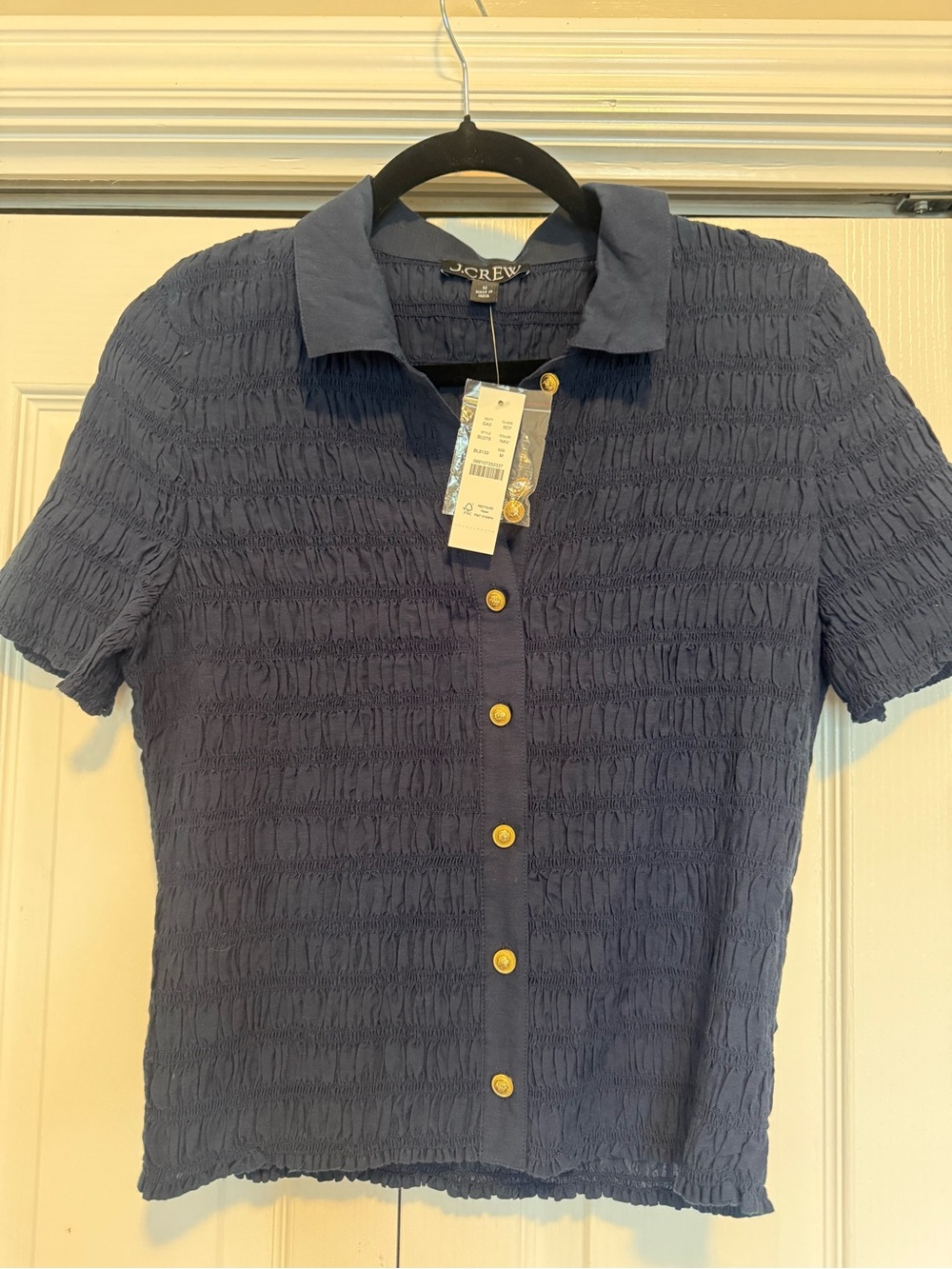 J. Crew Navy Short Sleeve Textured Button Top with Gold Buttons